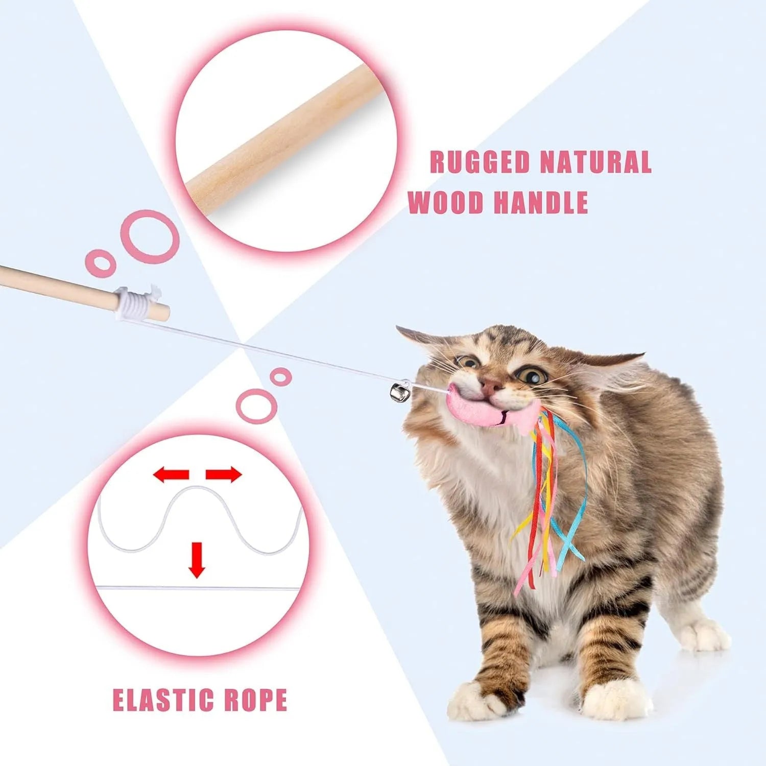Cat wand toy with wooden handle, colourful ribbons, catnip fish, and bell attachment