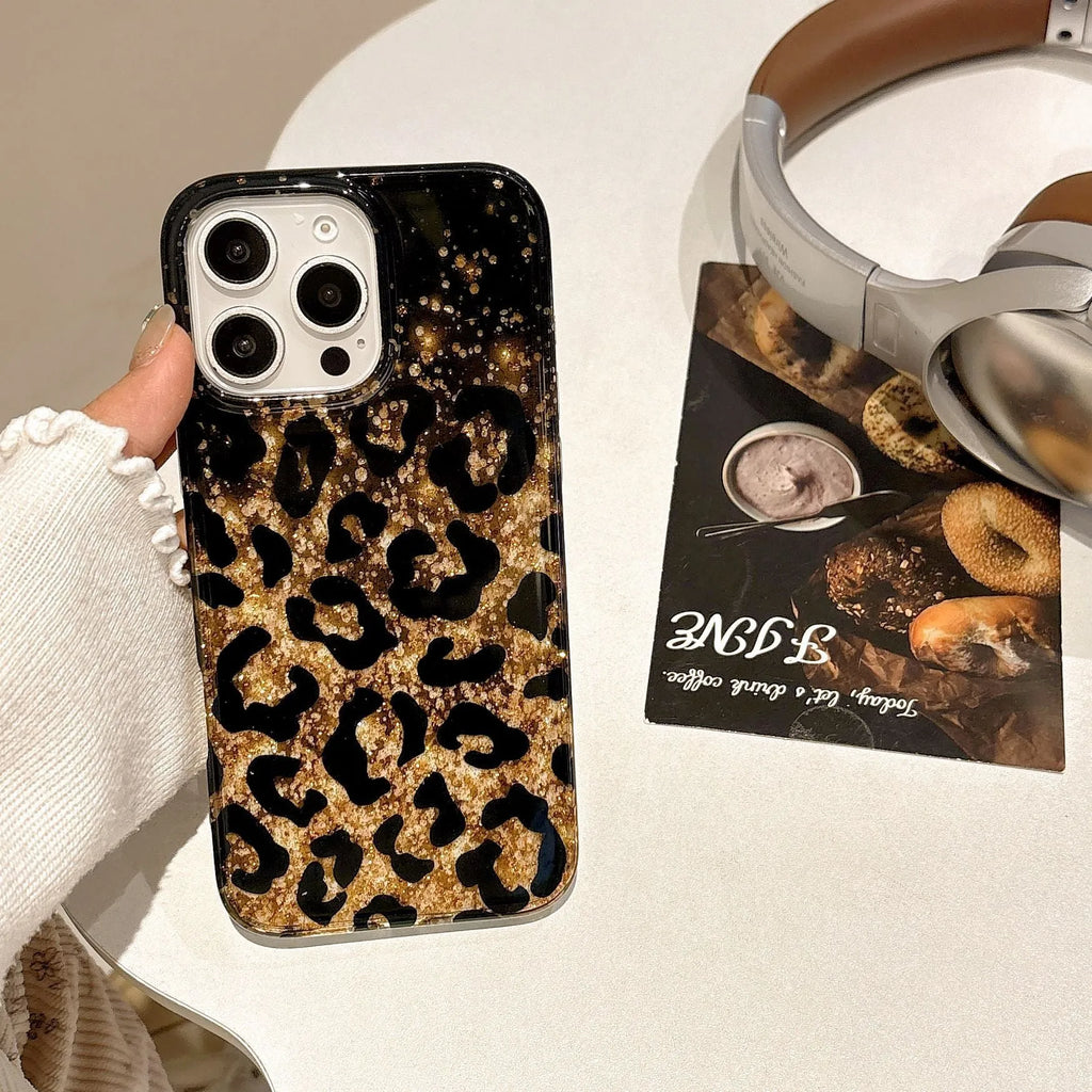 Black gold leopard print IMD phone case for iPhone with drop-resistant protection