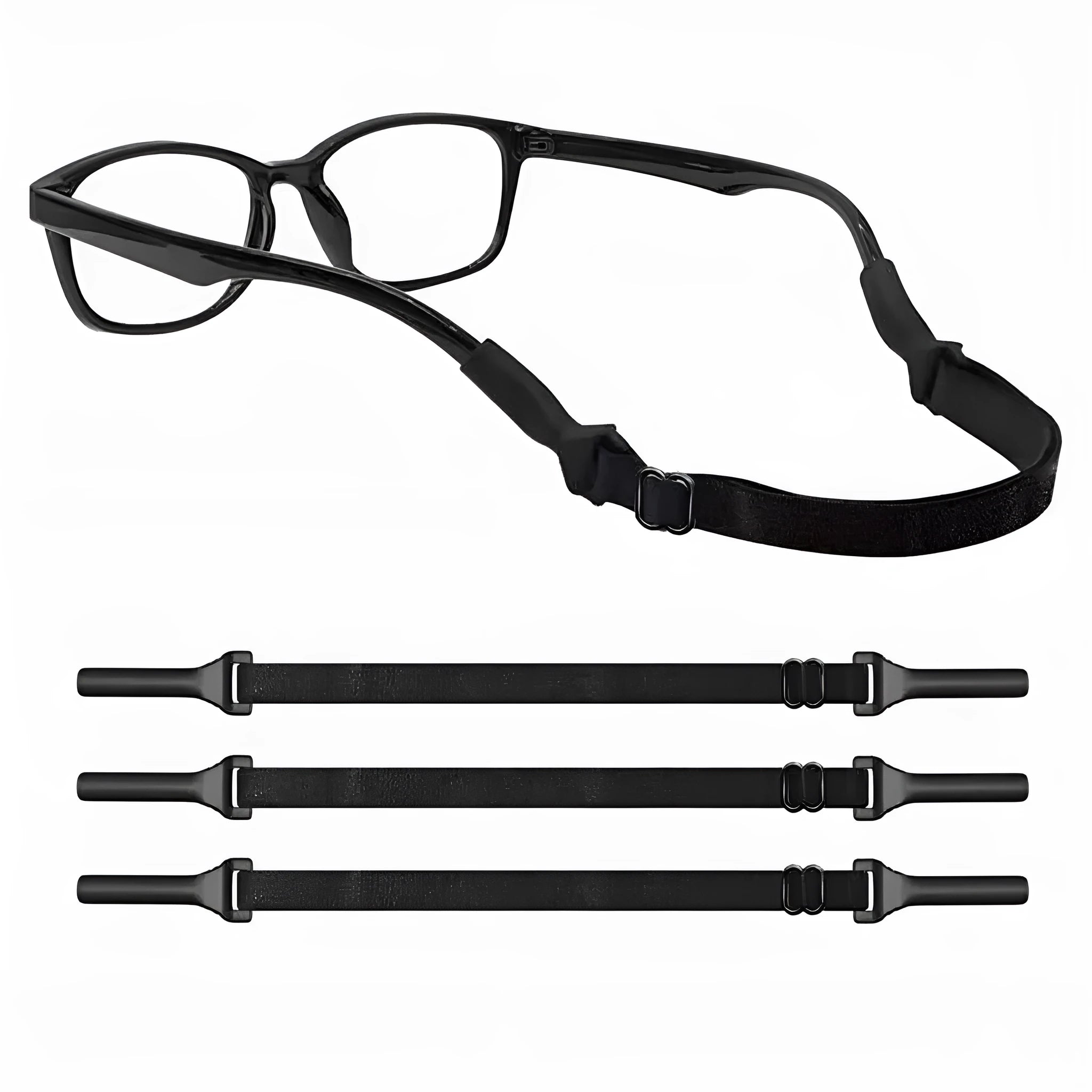 Black adjustable glasses cord with silicone earpieces for anti-slip eyewear retention