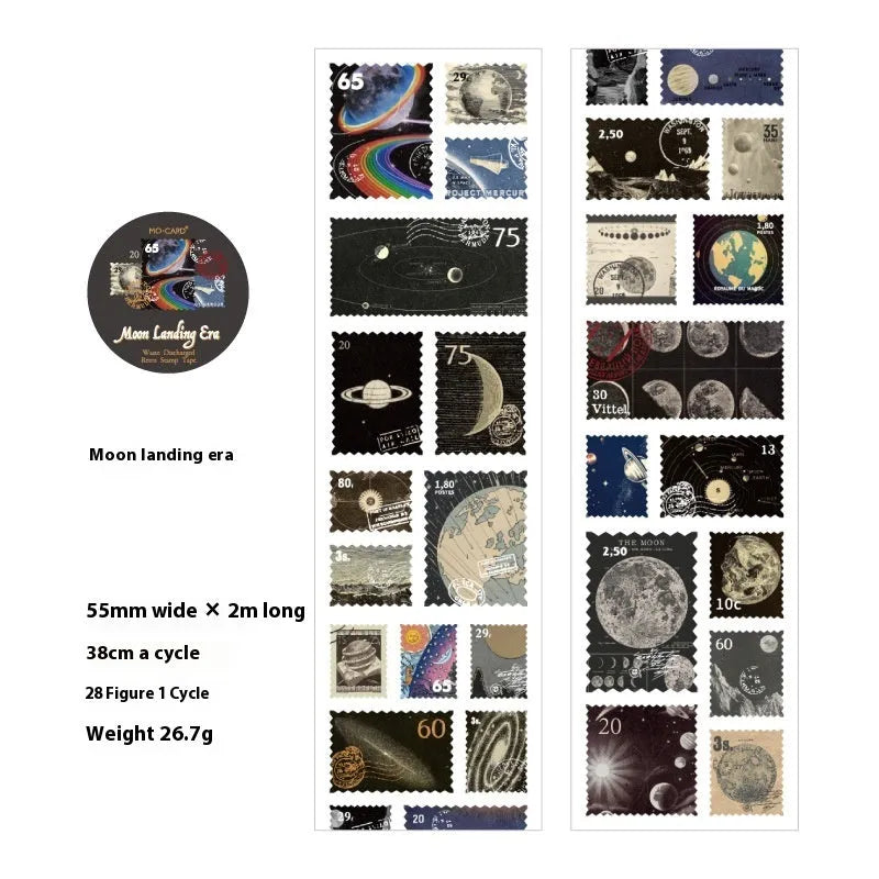 Roll of retro-design coated paper stamp stickers for journal decoration, showing one of four themed collections.