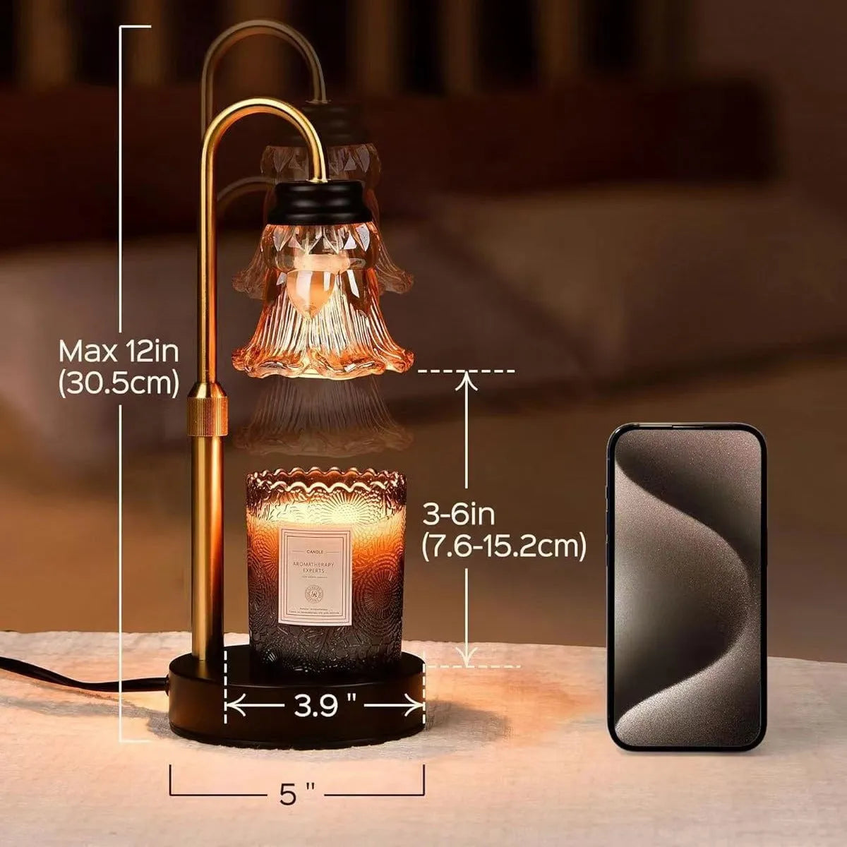 Lifting aromatherapy wax melting lamp with bamboo base, height 30.5cm