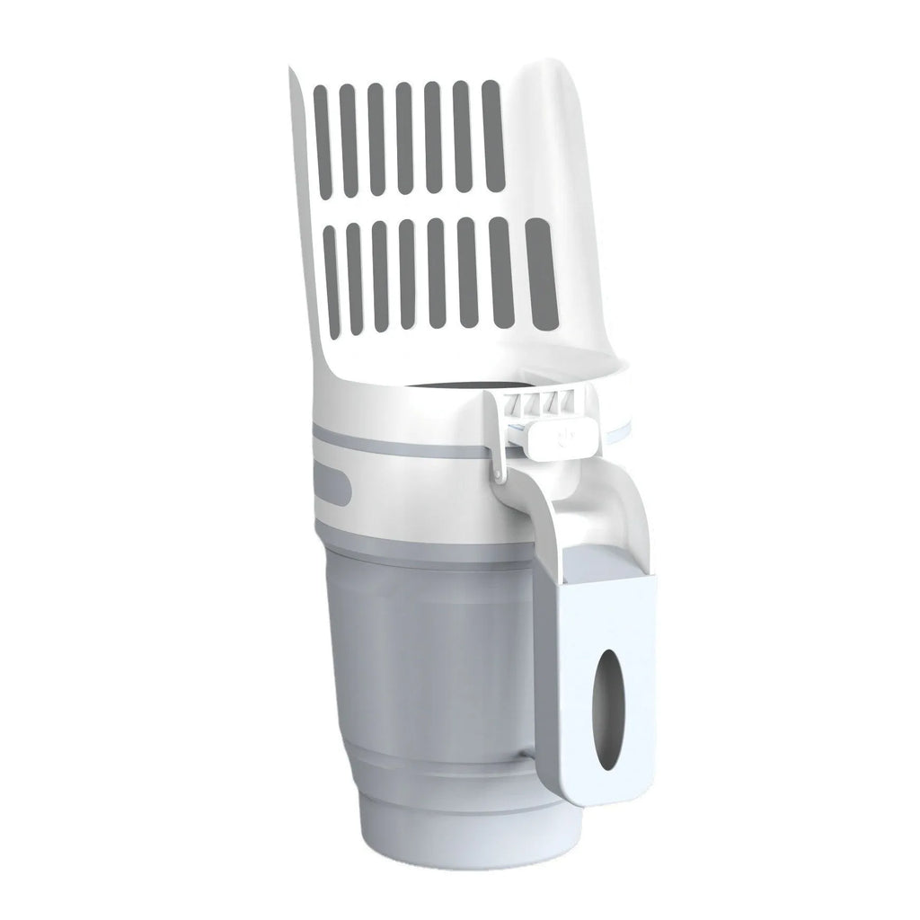 Grey foldable cat litter scoop with integrated waste bin and refill bags