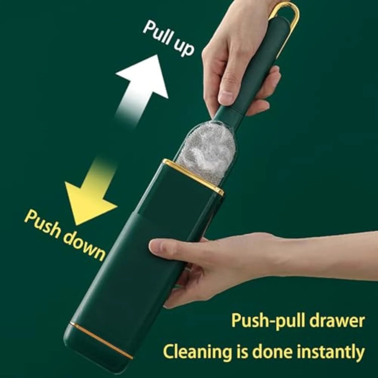Blue reusable pet hair remover brush with storage base for collecting shed hair from fabrics.