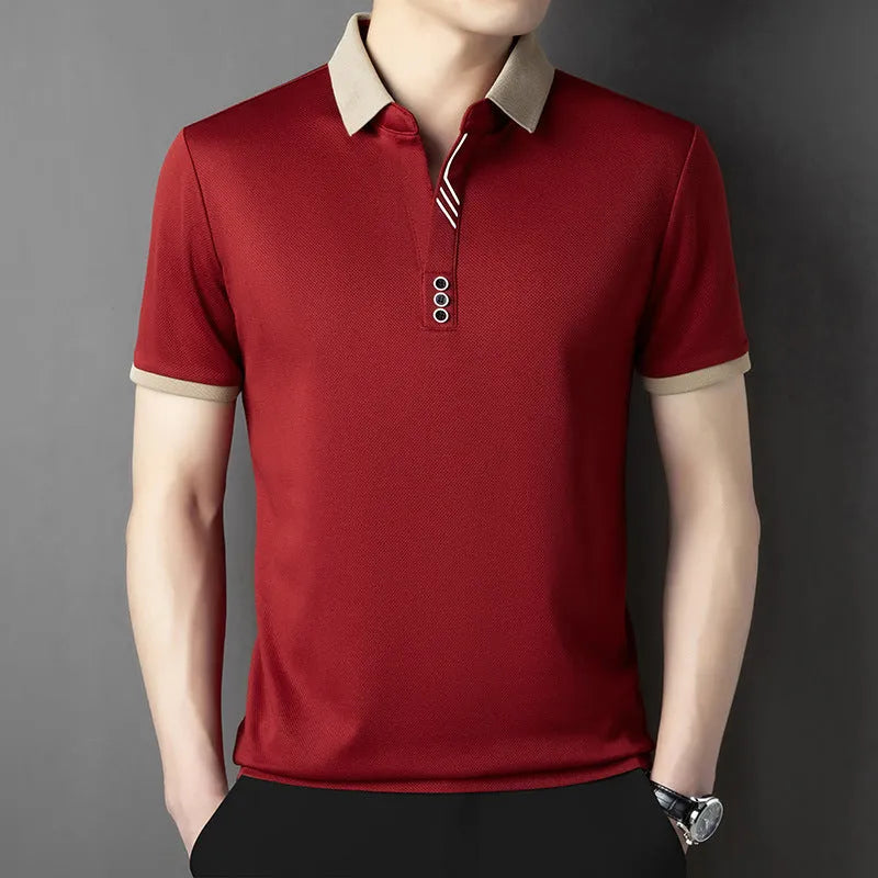Summer lapels short-sleeved T-shirt for men, solid colour, asymmetric hem, available in green, white, red, black, khaki, and grey from 2504 and 2430 series.