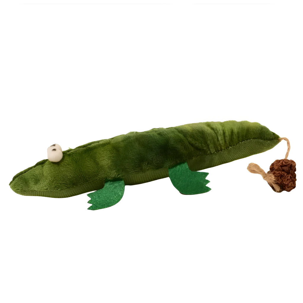 Green plush alligator catnip toy with peppermint scent for feline oral cleansing