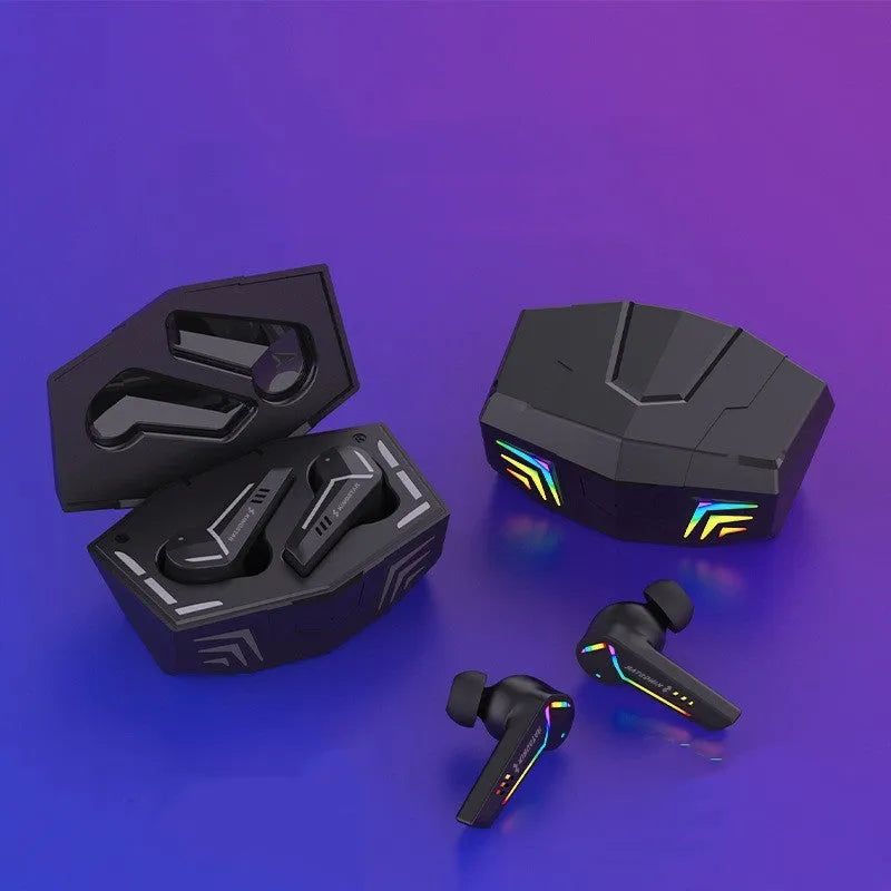 Black TWS Bluetooth gaming headset with low latency and 15-metre wireless range
