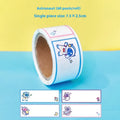 Roll of colourful cartoon name tape stickers showing dinosaur, astronaut, rabbit, and girl designs