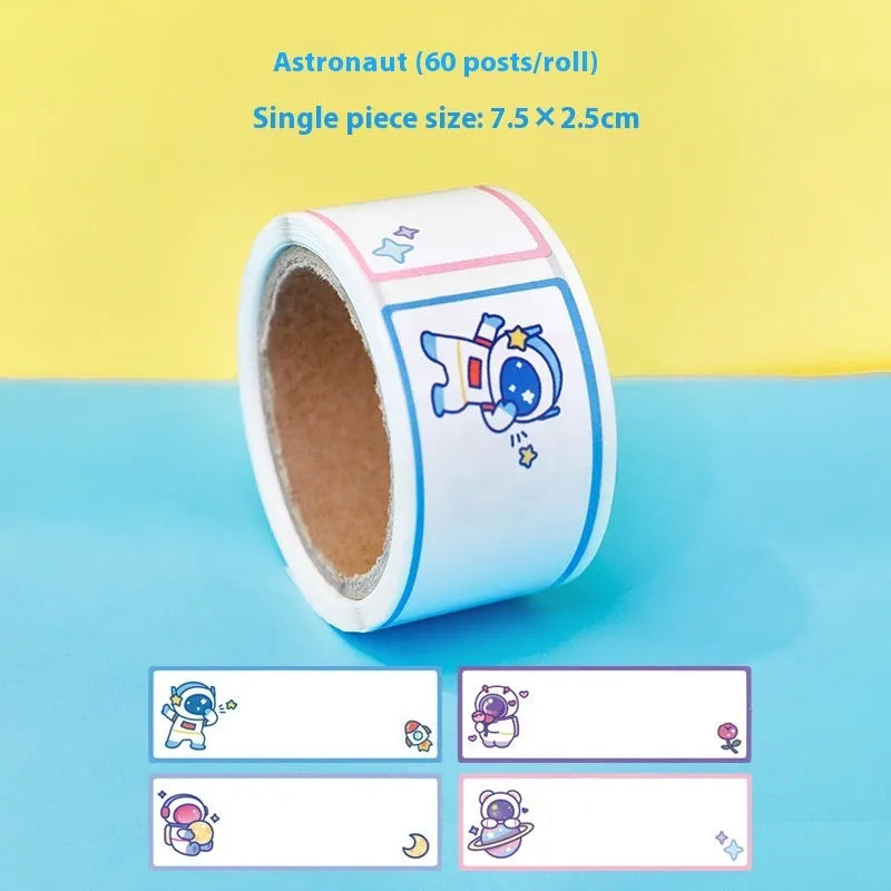 Roll of colourful cartoon name tape stickers showing dinosaur, astronaut, rabbit, and girl designs