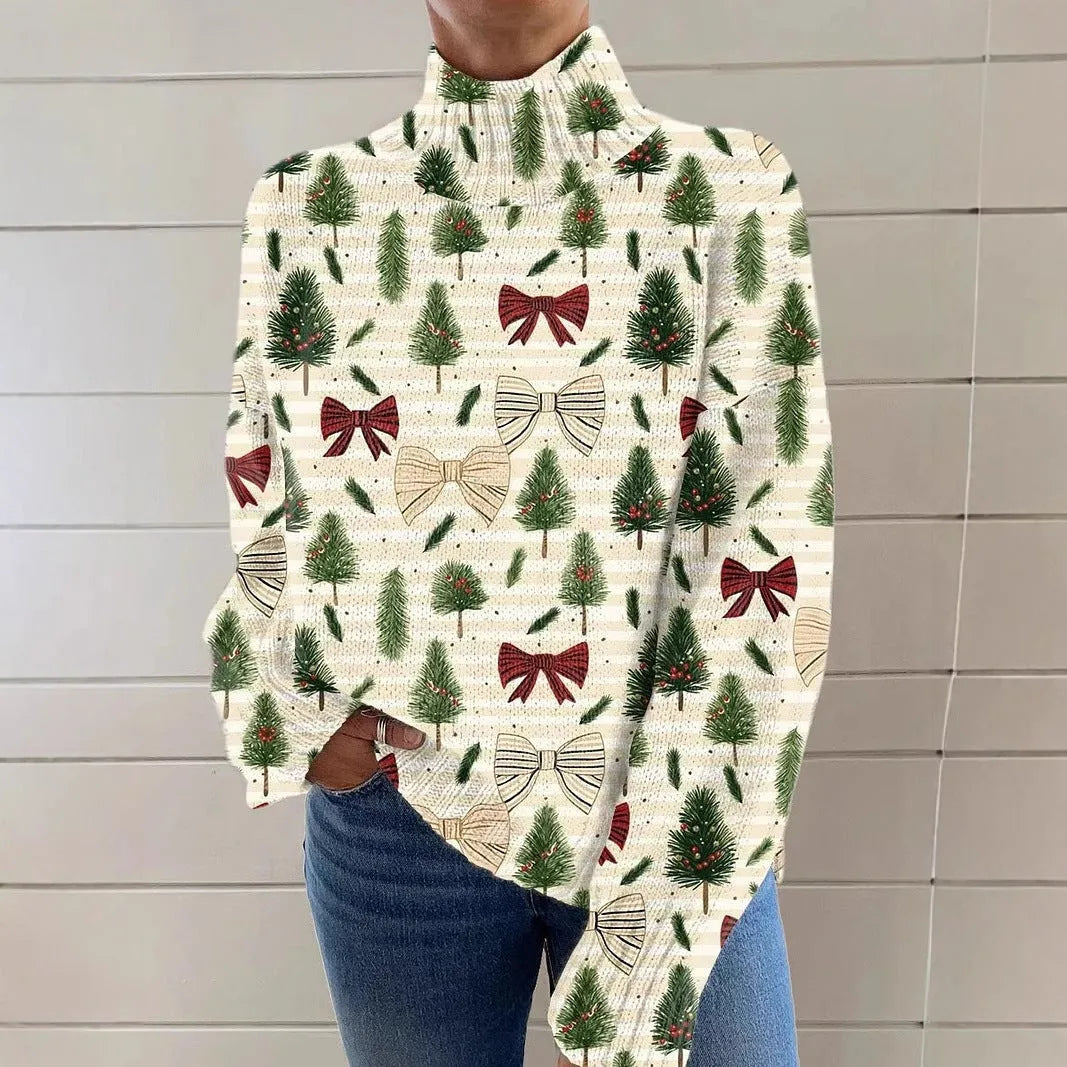 Women's Christmas printed turtleneck sweater in macaron colours, loose fit long sleeve pullover.
