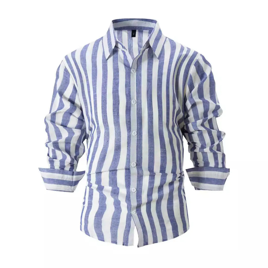 Man wearing a loose-fit, grey and white striped long-sleeved cardigan-style shirt.