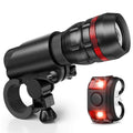 Bicycle headlights and taillights set with USB charging cable and mounting bracket on a bike handlebar