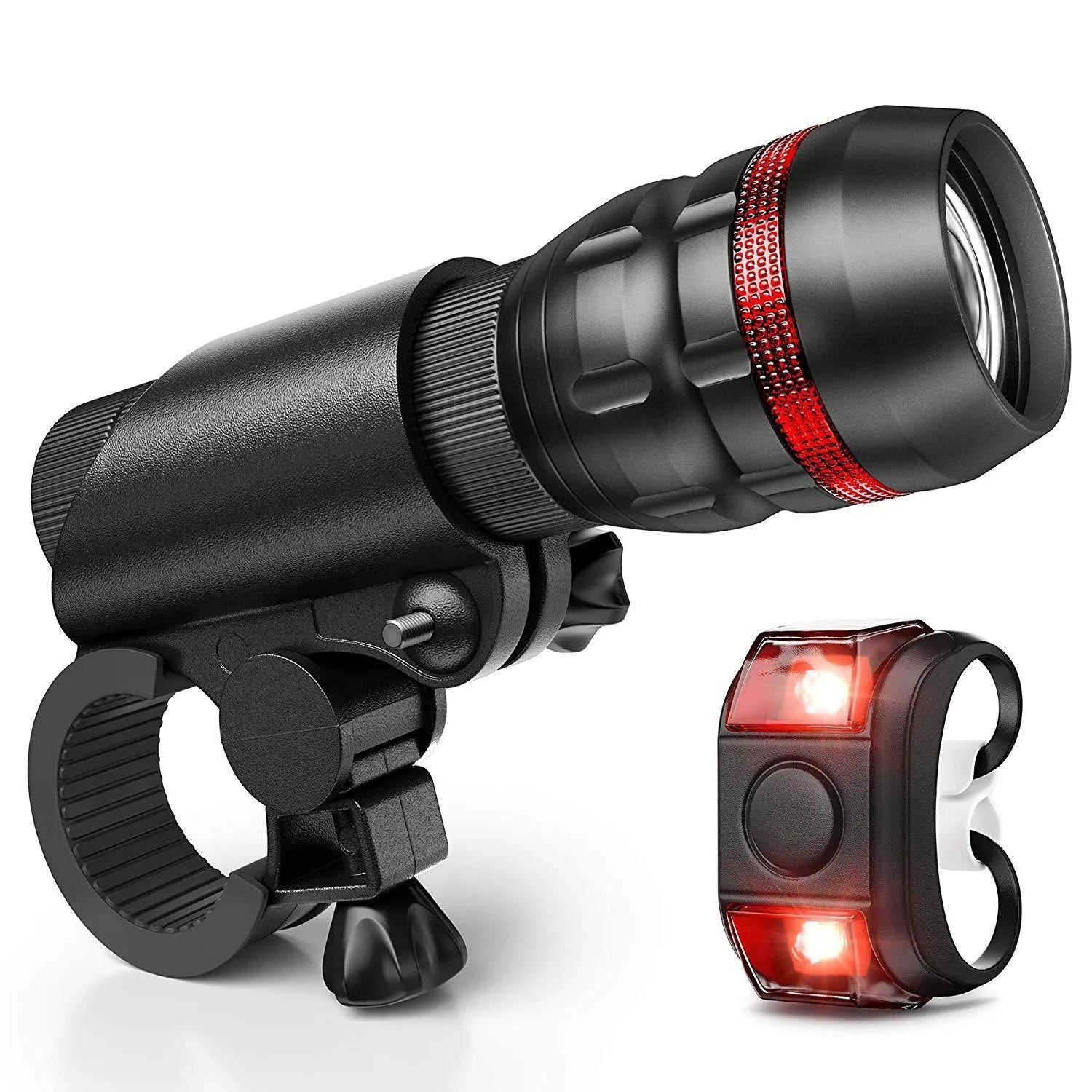 Bicycle headlights and taillights set with USB charging cable and mounting bracket on a bike handlebar