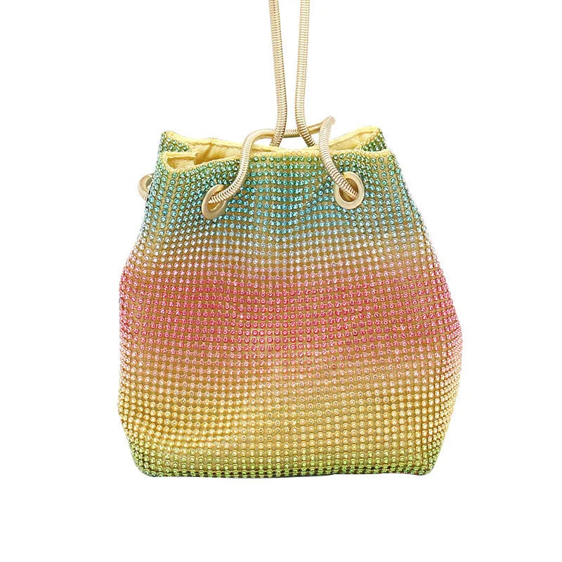 Rainbow rhinestone bucket bag with diamond decoration and soft fabric texture