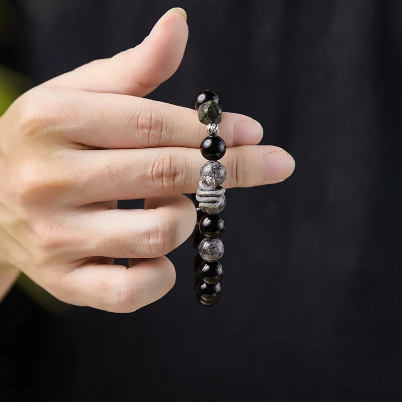 Men's S925 sterling silver bracelet with obsidian black hair crystal snake year design measuring 10mm width