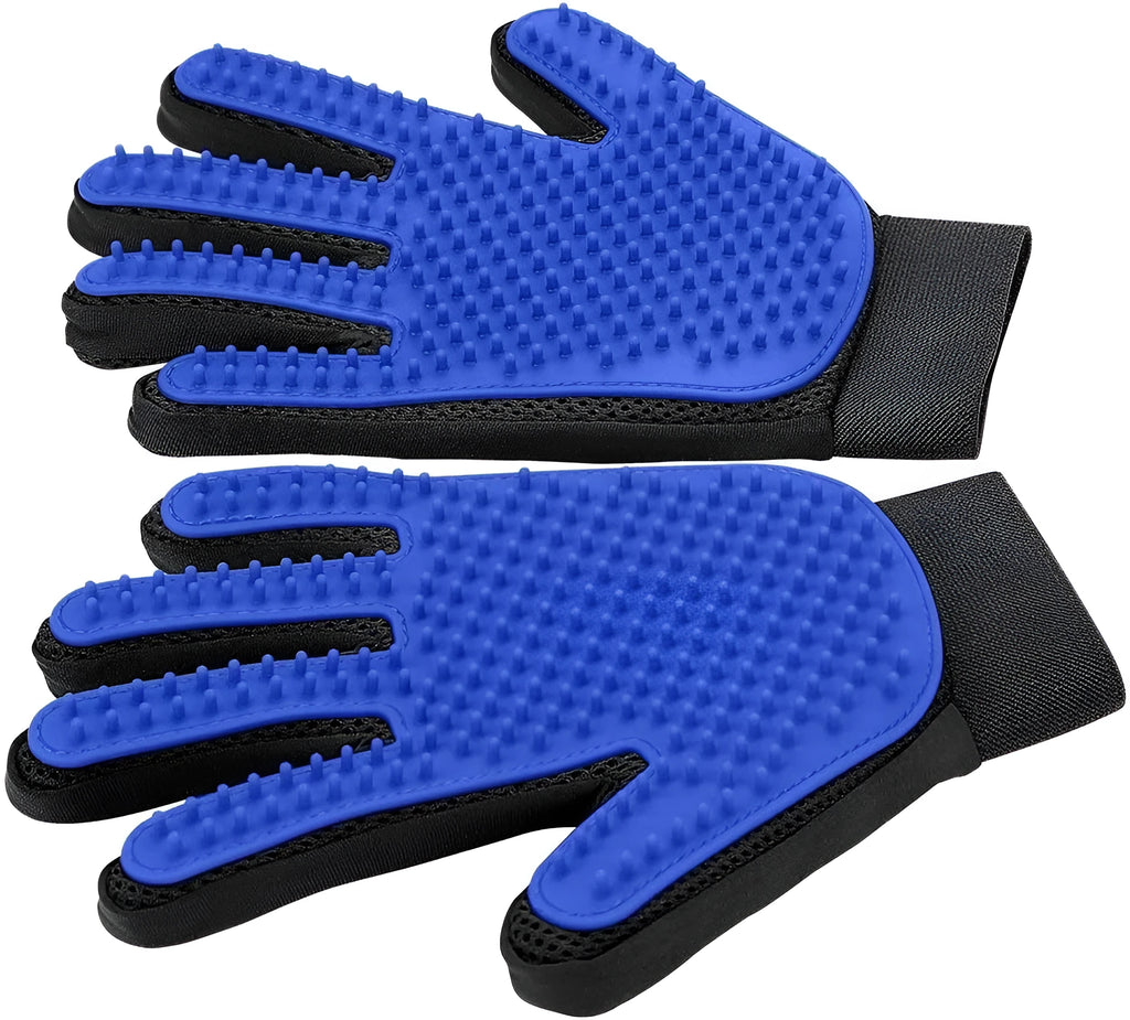 Blue pet grooming gloves with silicone tips for gentle hair removal during brushing and washing