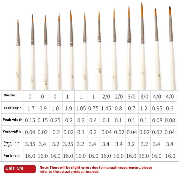 12 pearl white handled artist brushes with nylon wool bristles, stored upright in a solid wood pen holder.