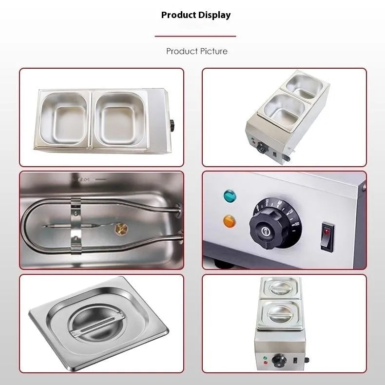 Commercial electric chocolate melting machine with stainless steel tank and digital temperature control display.