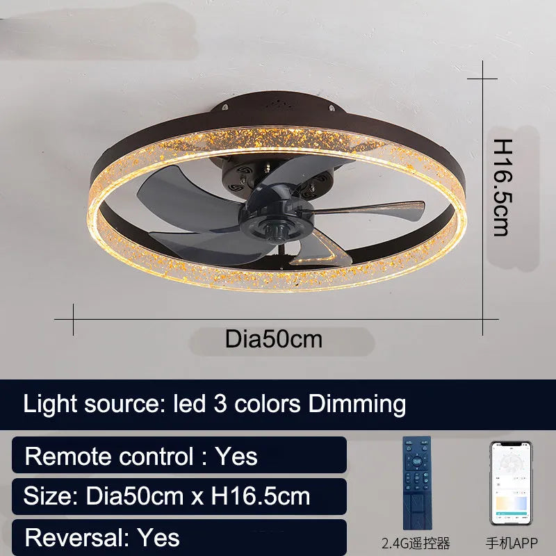 Nordic ceiling fan light with remote control in gold finish, 50cm diameter
