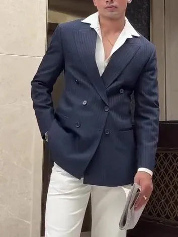 Men's striped double breasted blazer jacket on a hanger showing regular fit design