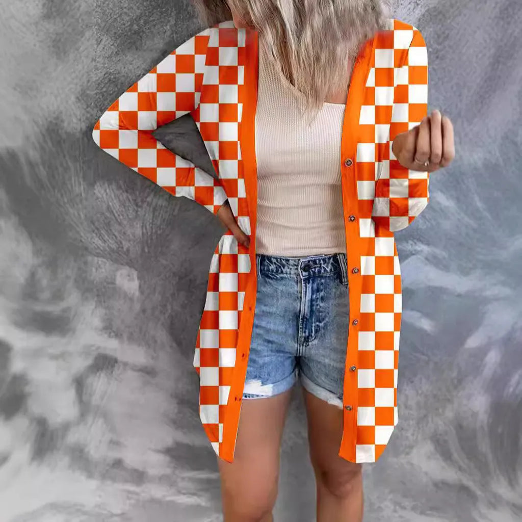 Women's long plaid knitted cardigan coat in polyester fabric with street fashion styling