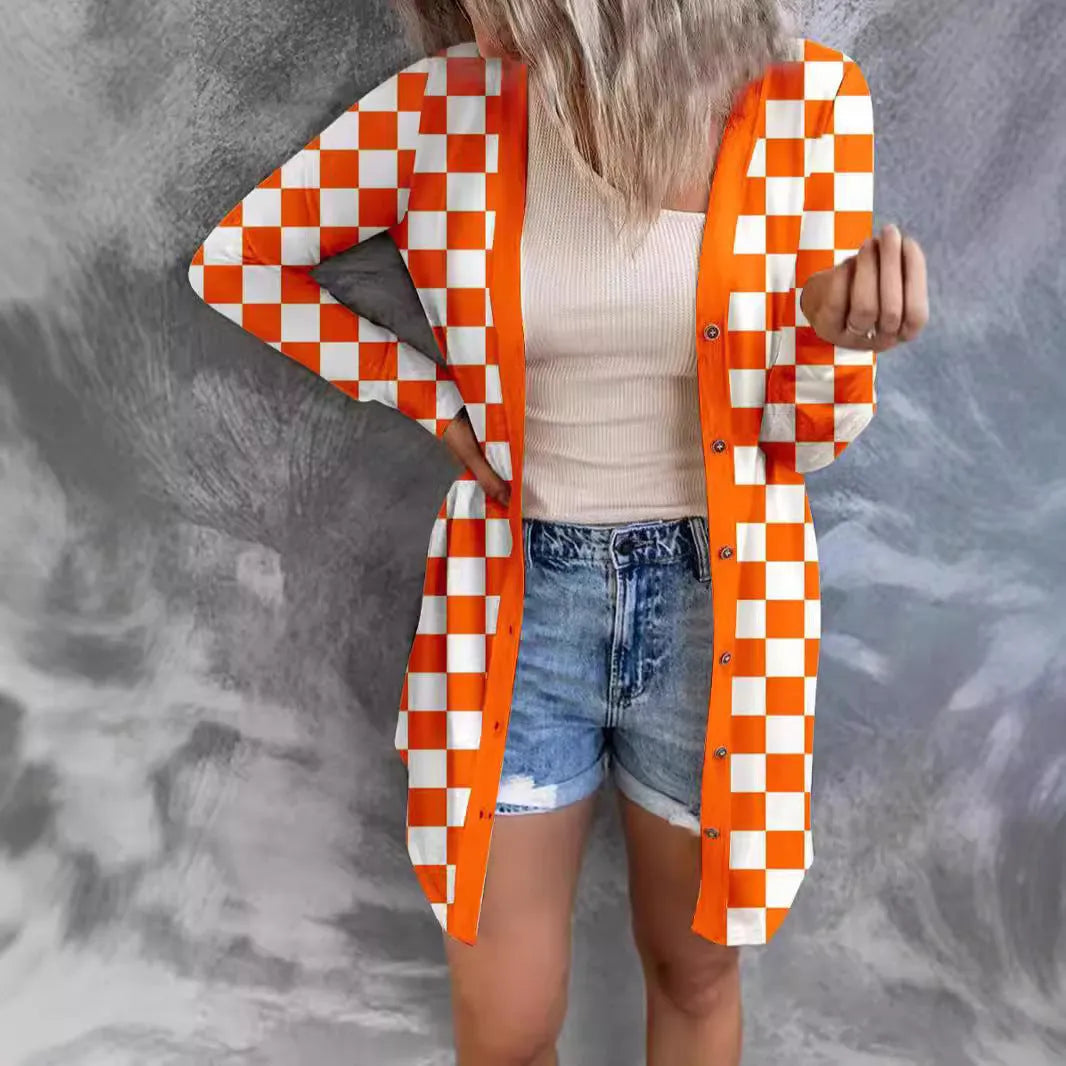 Women's long plaid knitted cardigan coat in polyester fabric with street fashion styling