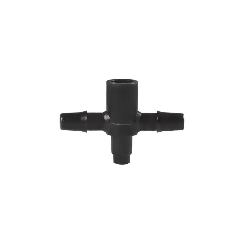 White PE plastic tee water distributor connector for garden irrigation micro spray systems.