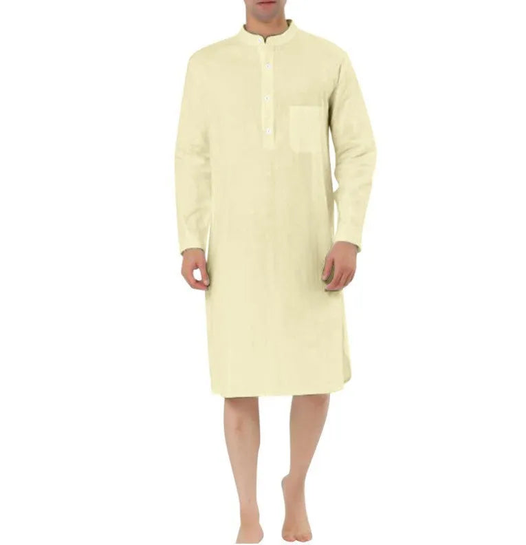 Men's cotton shirt robe with front pocket in various colour options on a hanger.