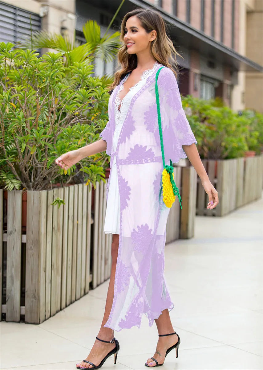 Light purple beach dress with lace embroidery cardigan design for swimming and wading activities