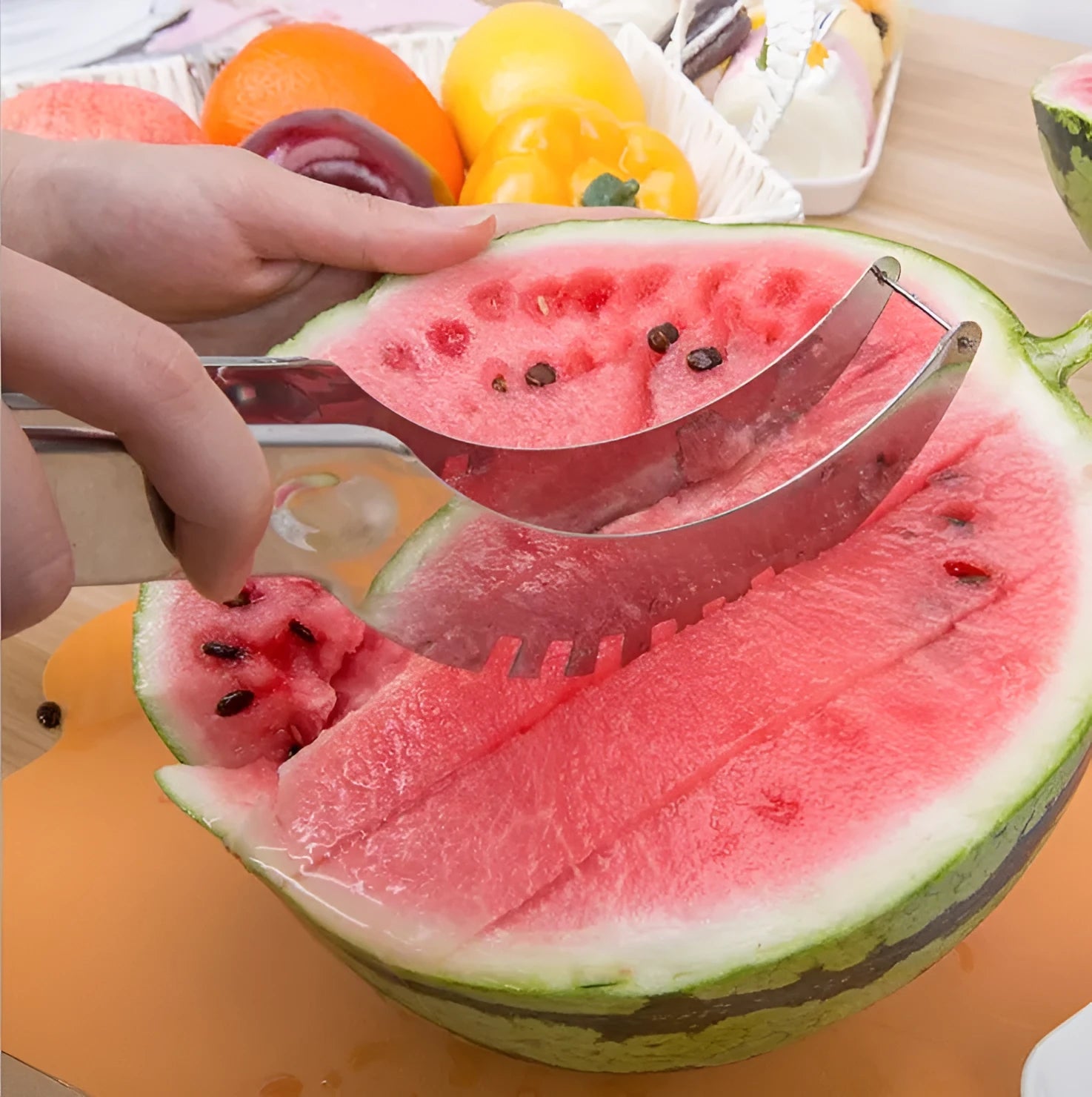 Silver stainless steel fruit cutter for watermelon hami melon pitaya pawpaw measuring 20.5 by 2.5 cm