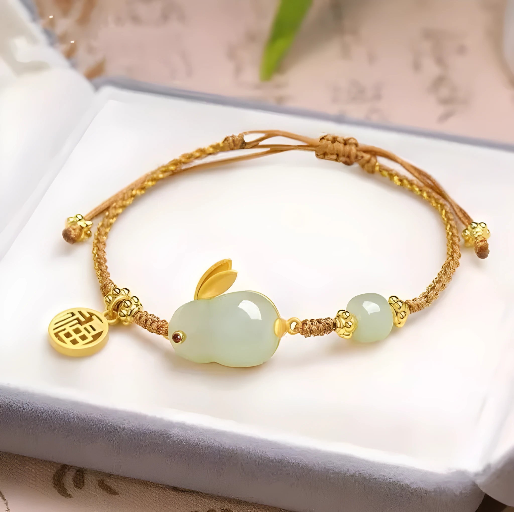 Hetian jade rabbit charm bracelet with yellow string for women