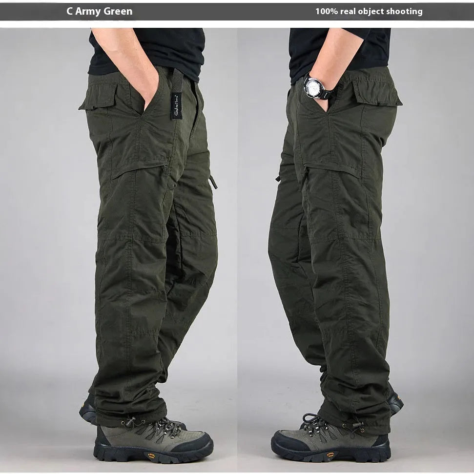 Men's thickened cotton overalls with wool lining in khaki black and army green loose straight leg winter trousers
