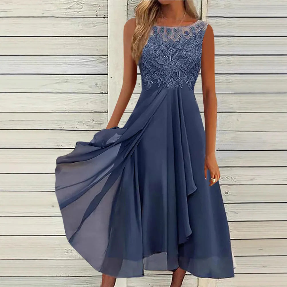 Women's sleeveless chiffon dress with lace stitching in green, purple or blue