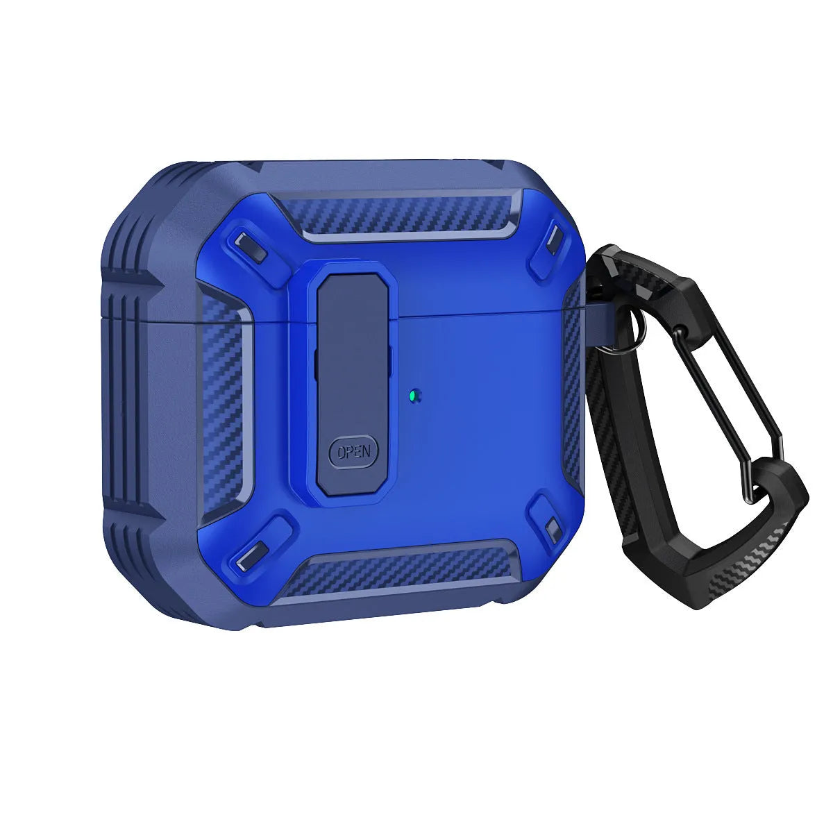 Two-tone plastic clamshell protective case for Apple AirPods with a metal carrying hook attached.