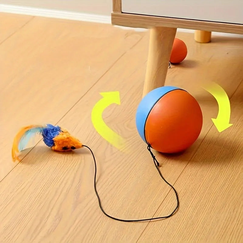 Blue and orange interactive cat toy ball with plush mouse design measuring 8.5cm diameter