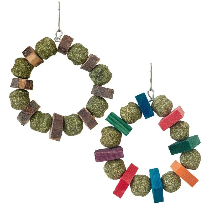 Hamster chew toy with decorative straw ball ring on wooden ring for small pets