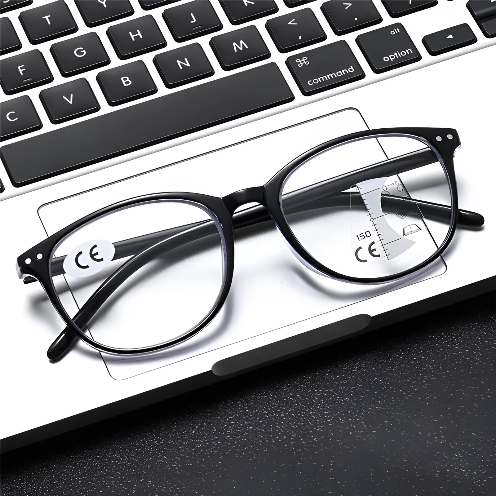 Women's ultra-light multi-focus presbyopic glasses in black and blue focus frame colour on a table.