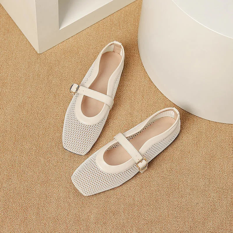 Women's beige mesh summer hiking shoes with square toe and buckle, flat low heel.