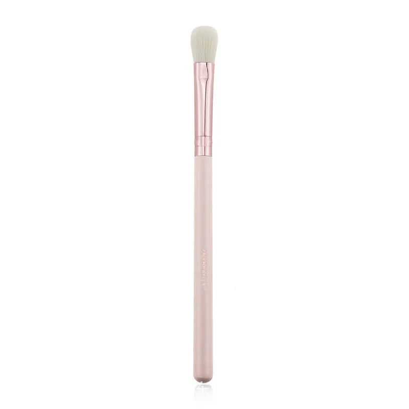 26 pink makeup brushes with wooden handles arranged in a PU carry case.