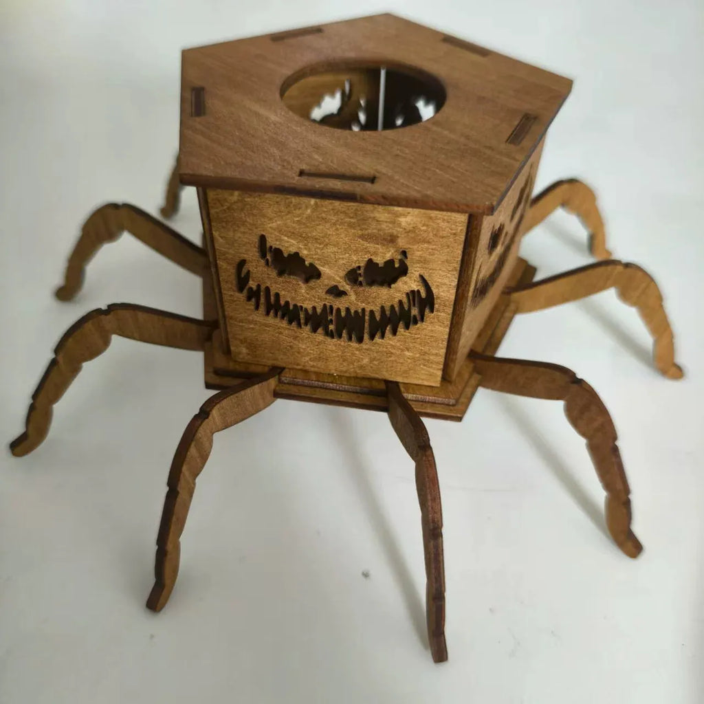 Wooden spider-themed lantern candlestick decoration measuring 21cm tall