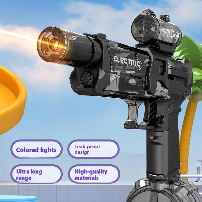 Fire Rat electric water pistol with LED lights in blue, showing automatic water spray feature.