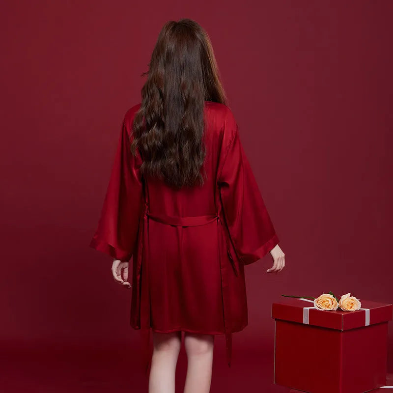Red ice silk sleepwear set for men and women with long sleeves and trousers