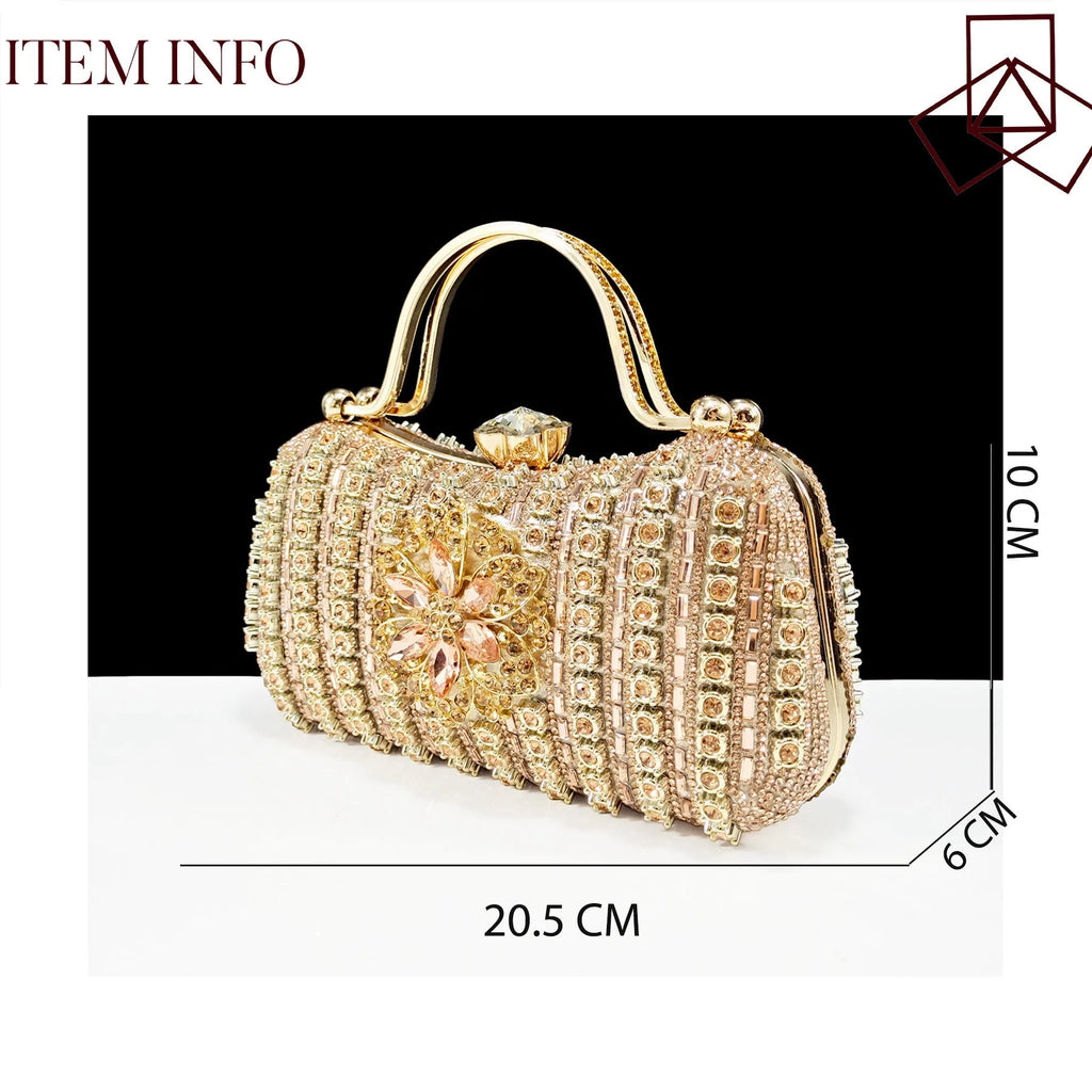 Women's black high heel and matching clutch bag set with rhinestone floral decoration and pointed toe.