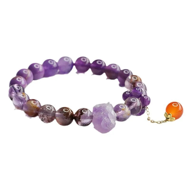 Nine purple natural amethyst crystal bracelet with red agate accents in Mori style