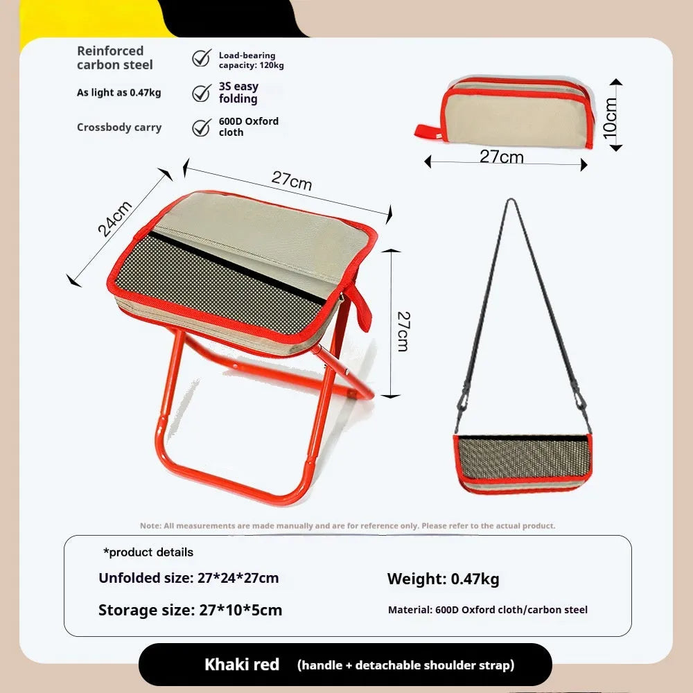 Folding camp chair stool in Oxford cloth fabric showing pencil box design and colour options
