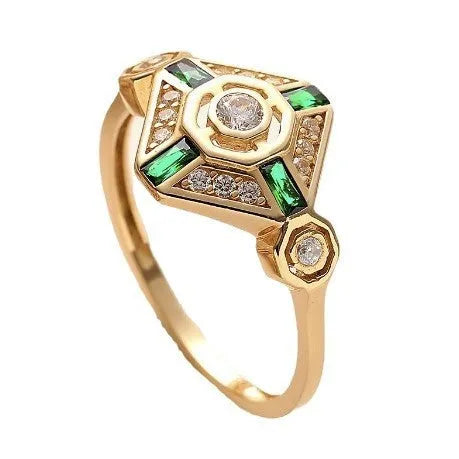 Women's geometric square emerald diamond ring with lvzuan gemstone in electroplated setting