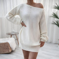Women's off-the-shoulder knitted sweater dress with full lantern sleeves in a solid colour.
