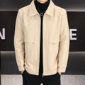 Men's casual polo collar jacket in khaki and grey with side pockets and regular sleeves