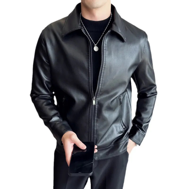 Men's black PU leather casual jacket with zipper pockets and loose fit design