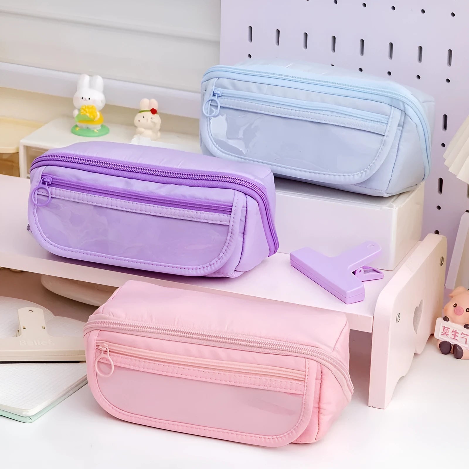 Korean style canvas pencil case with ten-layer flip design in multiple colour options.