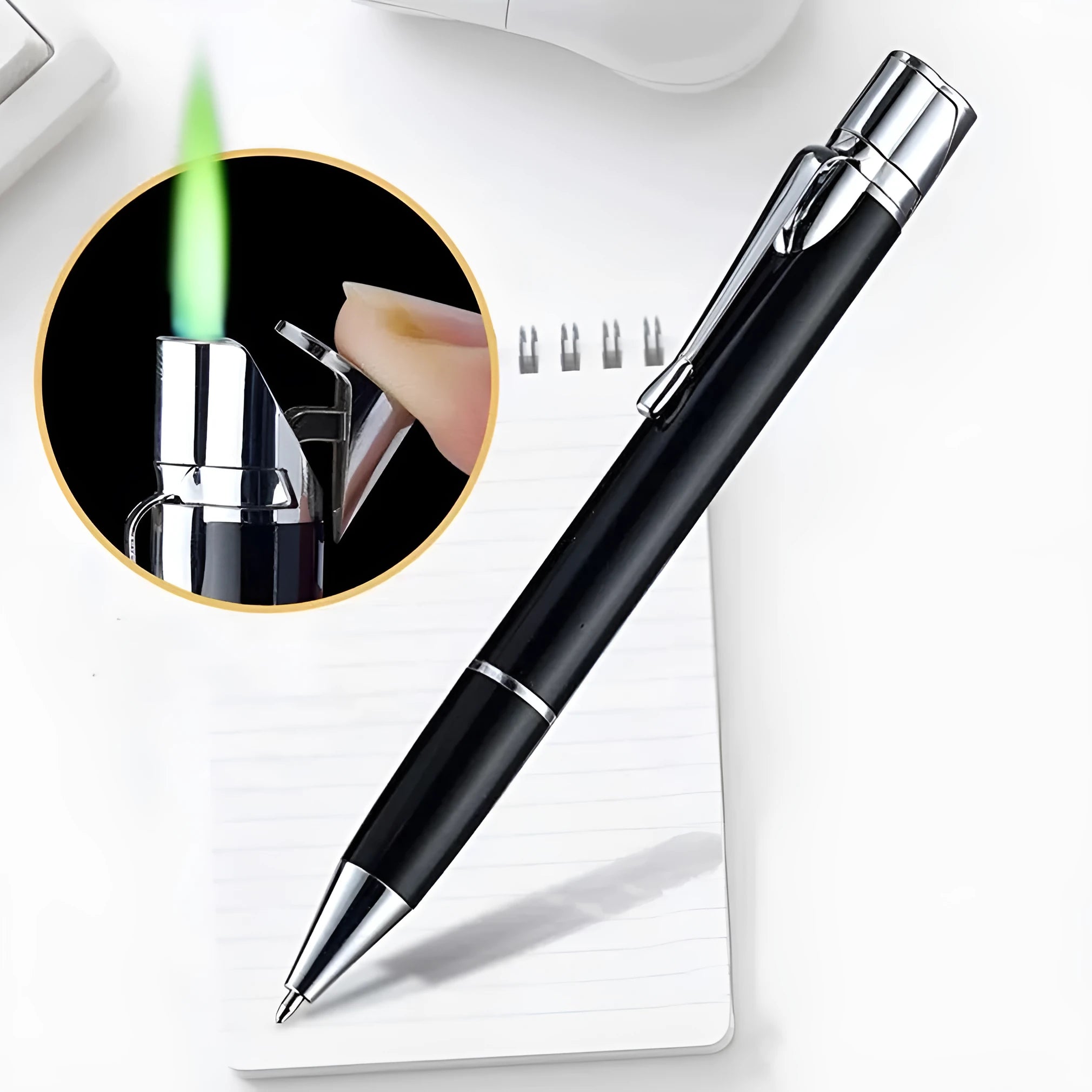A slim metal pen-style jet flame lighter in a choice of colours, shown with a windproof blue flame.